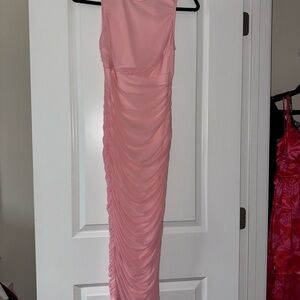 Chic Pink Ruched Midi Dress